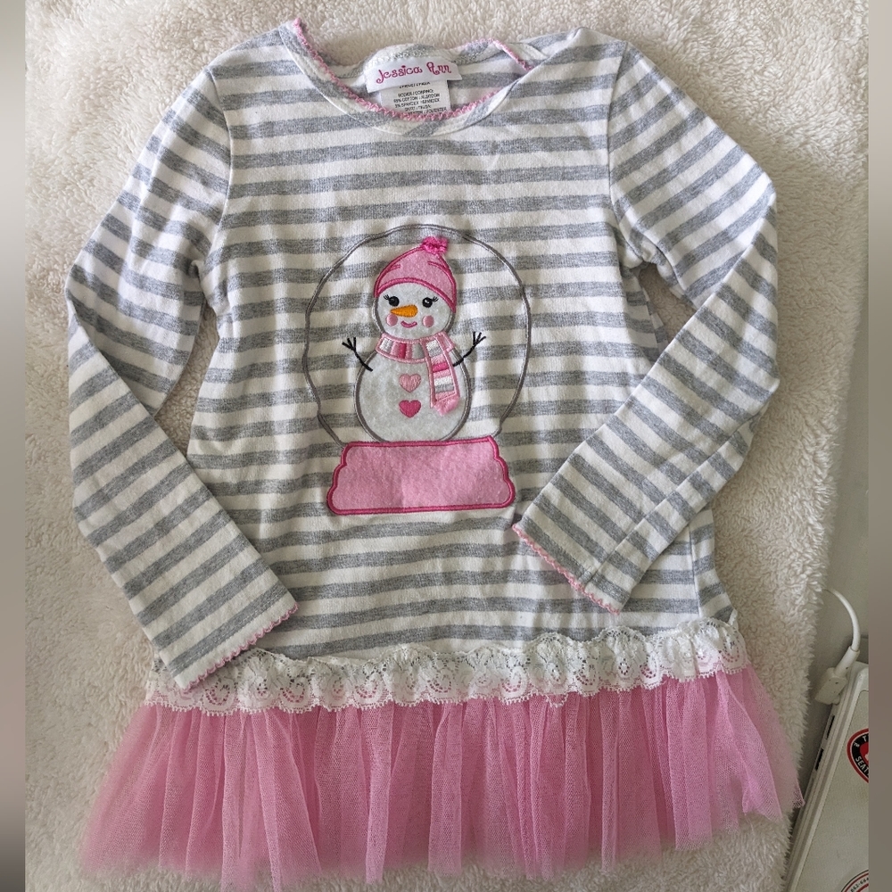 Jessica Ann Light Grey/White Stripe long sleeve shirt w/ snowman globe design.